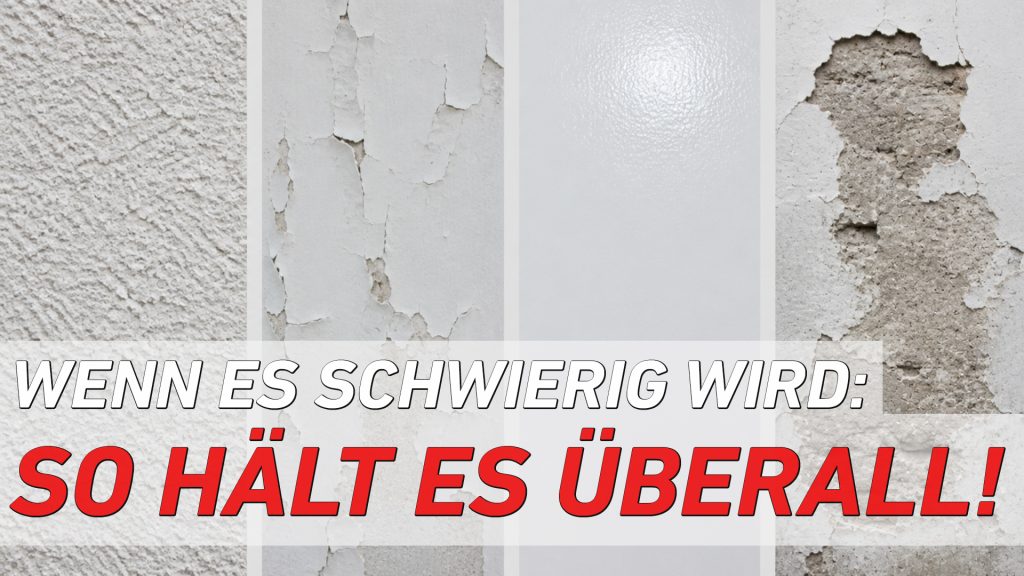 Grober Putz, kaputte Wand und hochglänzender Anstrich mit Schriftzug "Wenn es schwierig wird: So hält es überall!" für die Küchenrückwand Verklebung