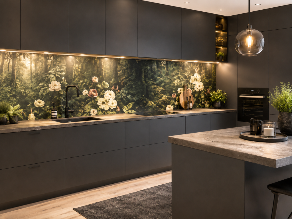 Moderne Küche mit dunklen Schränken, Arbeitsplatte in Betonoptik, Kücheninsel, hängender Glaskugel-Lampe und floral gemusterter Rückwand.
