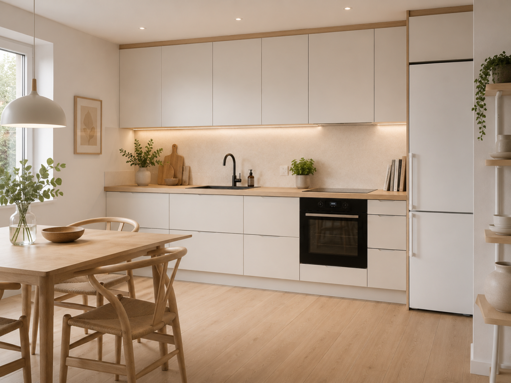 Helle, minimalistische Küche mit weißen Fronten, Holzarbeitsplatte, integriertem Backofen, Esstisch mit Holzstühlen und Pflanzen als Dekoration