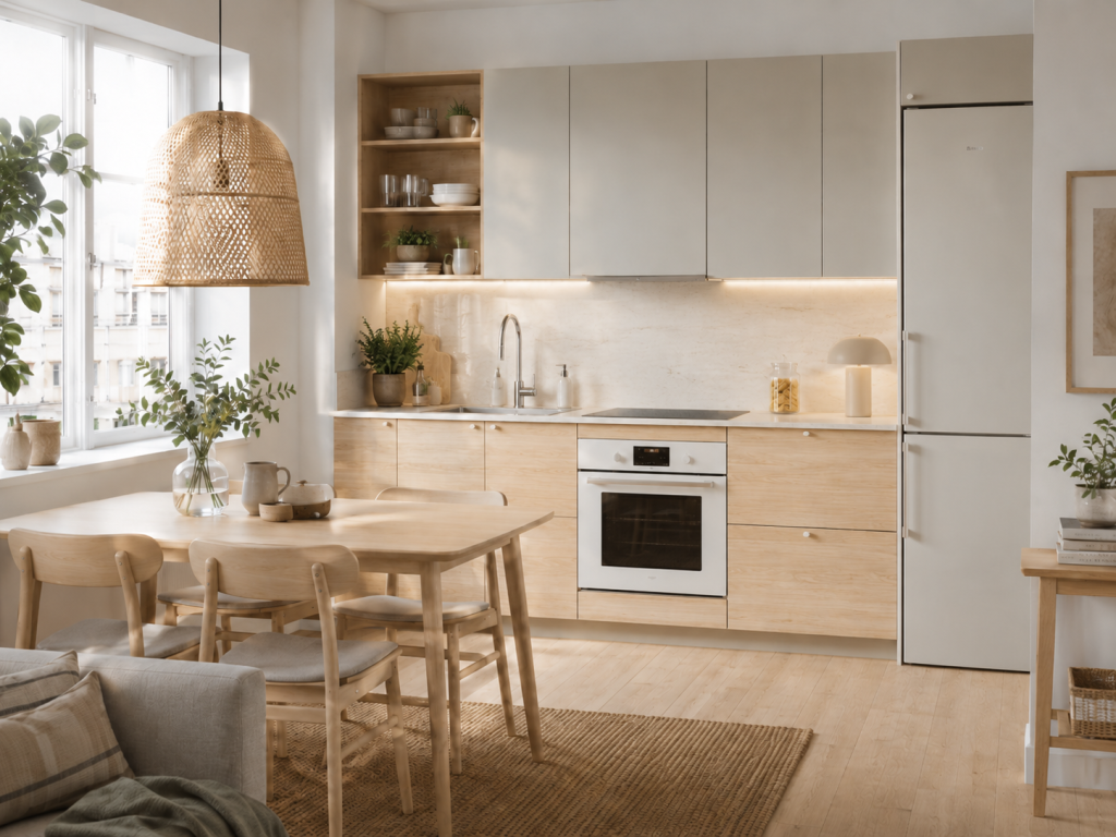 Offene Wohnküche mit hellem Holz, Esstisch mit Stühlen, Hängeleuchte aus geflochtenem Material und Pflanzen auf der Arbeitsfläche