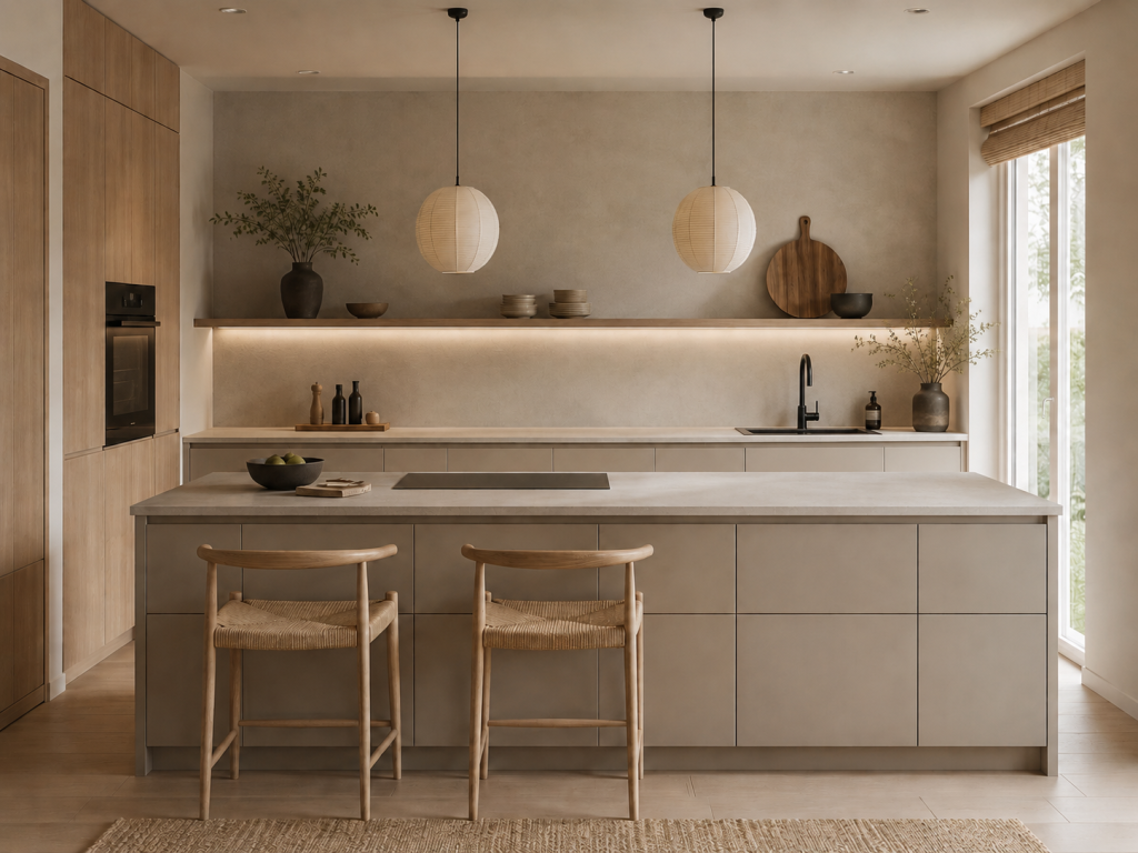 Minimalistische Küche im Japandi-Stil mit Kücheninsel, zwei Holzstühlen mit geflochtenen Sitzen, offenen Regalen und zwei runden Hängeleuchten