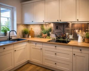 Helle Landhausküche mit weißen Schränken, Holzarbeitsplatte und schwarzer Spüle. An der Rückwand ist ein Bauernhof-Motiv mit Hühnern, Ziegen, Pflanzen und Scheunentüren zu sehen.