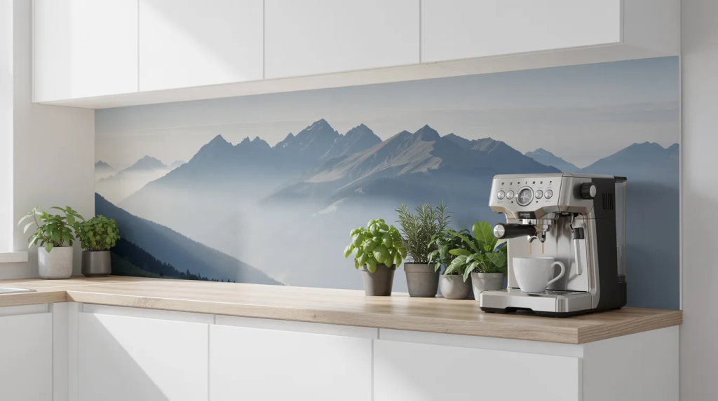 In der modernen, hellen Küche ist eine selbstklebende Küchenrückwand mit einem ruhigen Bergpanorama zu sehen, die eine entspannende Atmosphäre schafft. Vor der Rückwand stehen eine Kaffeemaschine und frische Kräuter, die dem Raum eine einladende Note verleihen.