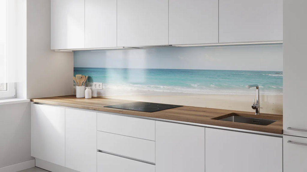 Die Küchenrückwand zeigt ein eindrucksvolles Strandpanorama-Motiv und ist in einer modernen weißen Küche mit Holzarbeitsplatte integriert. Diese Rückwand aus hochwertigem Material ist leicht zu reinigen und verleiht dem Raum eine entspannte Urlaubsatmosphäre.