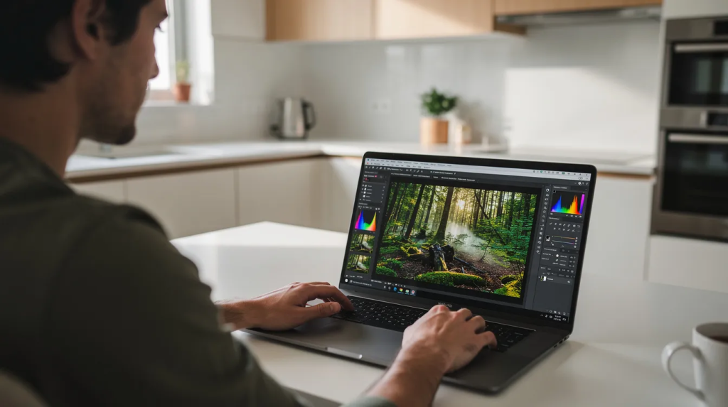 Eine Person sitzt an einem Laptop und bearbeitet ein Naturfoto in einem Bildbearbeitungsprogramm, während im Hintergrund eine helle, moderne Küche mit einer eleganten Küchenrückwand zu sehen ist. Die Küche strahlt einen zeitgemäßen Stil aus und bietet einen Blick auf die verschiedenen Materialien und Farben, die für eine ansprechende Gestaltung verwendet wurden.