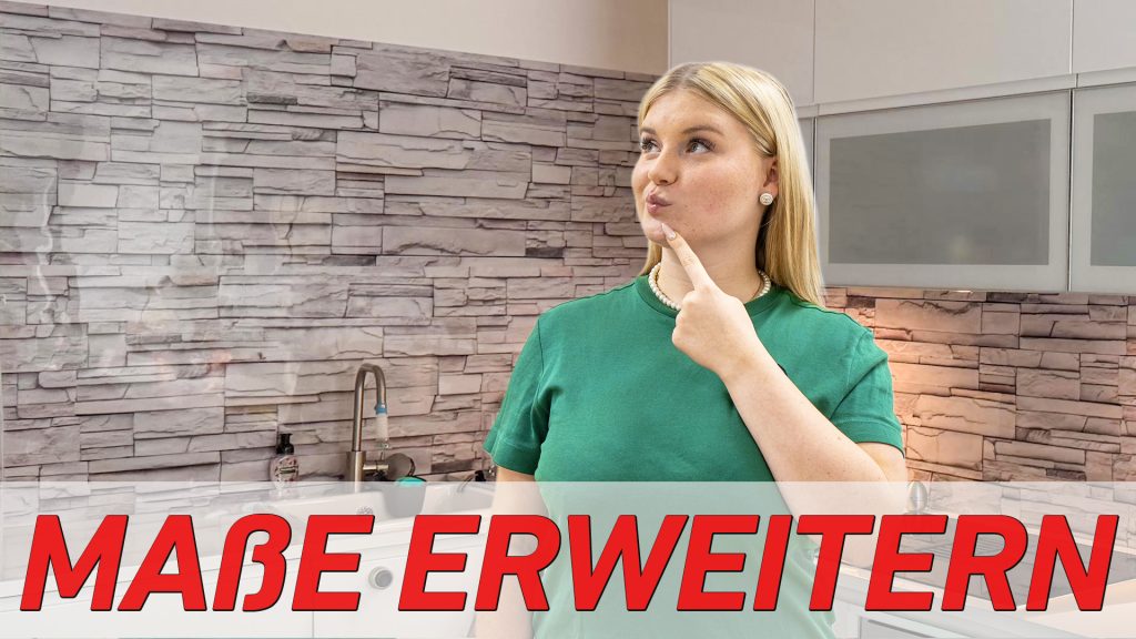Küchenrückwand in Steinoptik mit Hinweis „Maße erweitern“ für individuelle Wandmaße