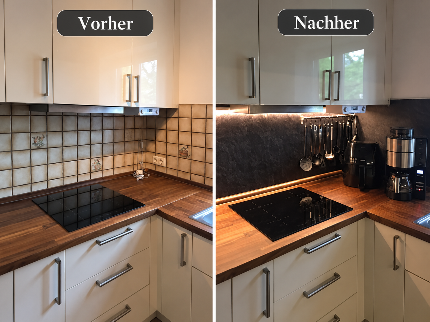 Vorher-Nachher-Vergleich einer Küche in geteiltem Bild. Links, mit der Überschrift „Vorher“, ist die Küche mit heller Fliesenrückwand, dunkler Holzarbeitsplatte und schwarzem Kochfeld zu sehen. Rechts, mit der Überschrift „Nachher“, dieselbe Küche nach der Modernisierung: mit dunkler Rückwand in Schieferoptik, warmer LED-Beleuchtung, aufgehängten Küchenutensilien sowie Kaffeemaschine und Heißluftfritteuse auf der Arbeitsfläche.